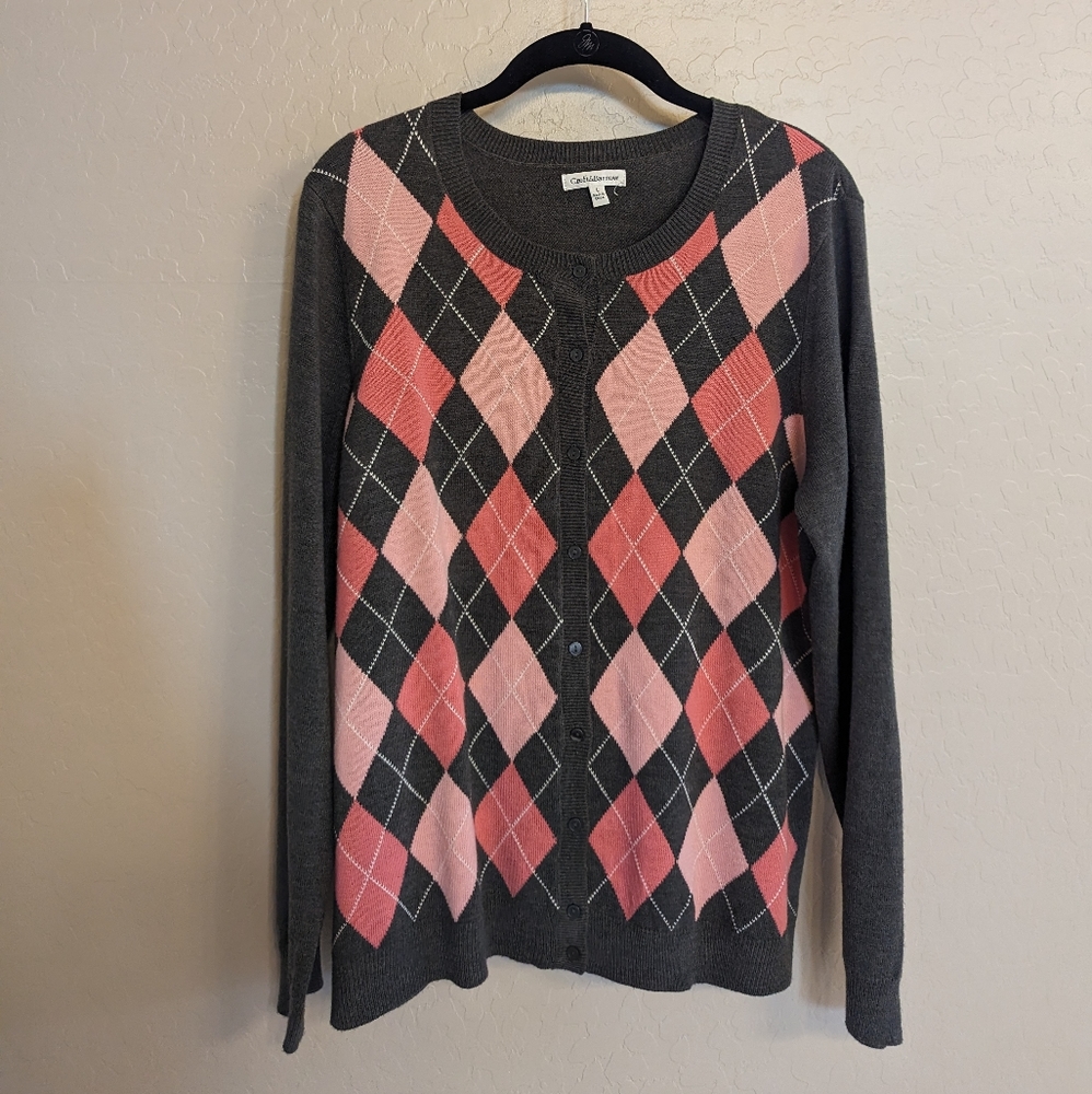 Craft and Barrow Classic Argyle Cardigan Sweater Pink & Gray Ladies Large - Picture 2 of 3
